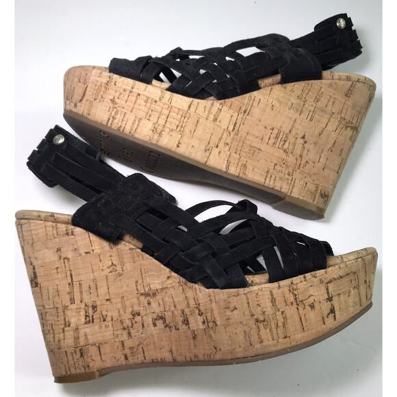 Juicy Couture Women's 6.5 Suede Cork Strappy Black Wedge Sandals Y2K Boho Retro - Picture 8 of 13